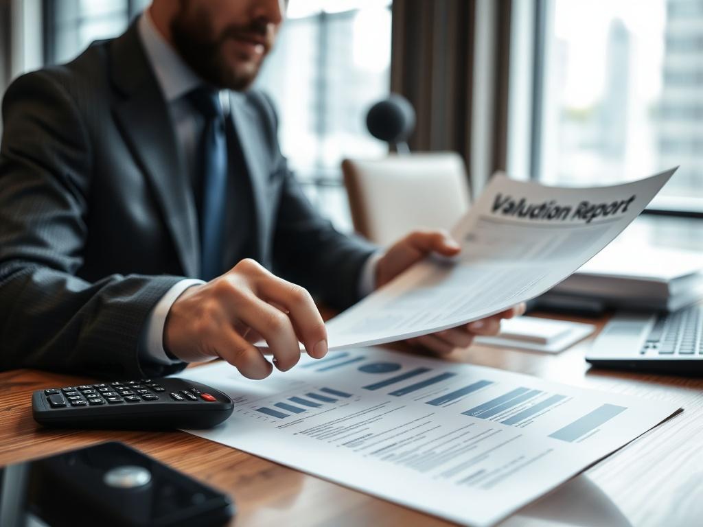 A close-up shot of a financial analyst reviewing a valuation report, with documents and a calculator on the desk. The background should depict a sophisticated office environment, emphasizing professionalism and clarity. The image should utilize a neutral color palette, highlighting blues and grays.