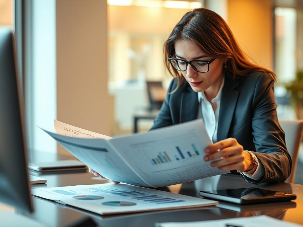 A focused close-up shot of a business professional analyzing a report with graphs and charts on a desk, conveying a sense of diligence and expertise. The setting is a modern office with a neutral color palette, emphasizing a corporate atmosphere. The lighting is warm, providing a professional yet inviting ambiance.