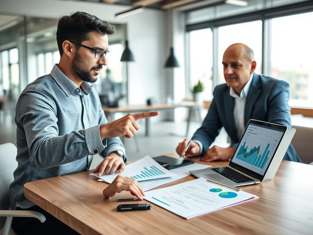 A focused close-up shot of a professional advisor discussing funding options with a business owner in a modern office setting. The advisor is pointing at financial documents on the table, with a laptop open displaying charts and graphs. The background features a sleek office design with natural lighting, conveying a sense of professionalism and trustworthiness. The color scheme should incorporate rgb(2, 86, 197).
